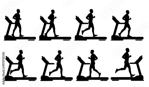 Running treadmill silhouettes set with fitness man exercise poses isolated black vector collection
