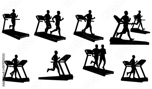 Dynamic treadmill running silhouettes with perspective layout fitness training vector illustration