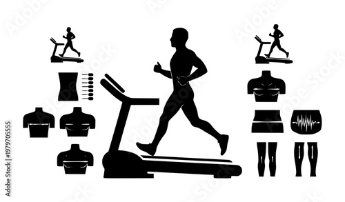 Man running on treadmill silhouette with fitness intensity icons and body pressure concept vector