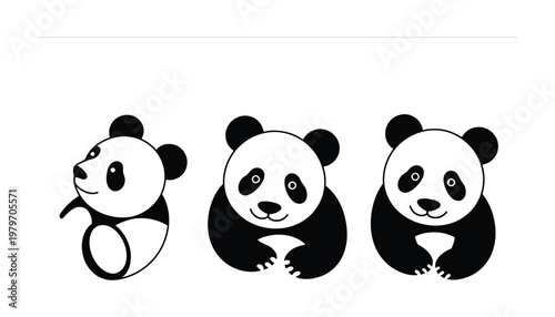 Three Adorable Cartoon Pandas in Black and White