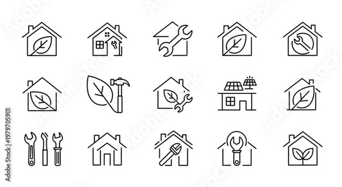 Eco-Friendly Home Repair and Maintenance Line Icons Set.