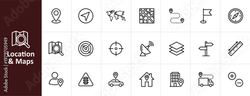 Location and Maps Line Icon Set - Minimalist GPS, Navigation, and Logistics Vector Illustrations