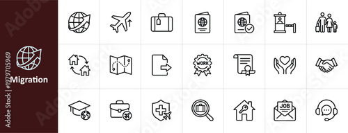 Migration and Global Mobility Line Icon Set - Minimalist Immigration and Relocation Vector Illustrations