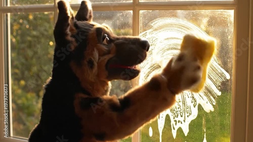 German Shepherd Dog Giving High Five Paw to Owner in Warm Golden Light