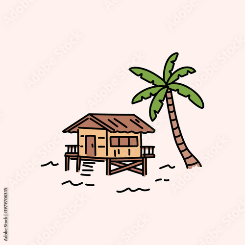 Serene beach resort villa or wooden bungalow exterior and palm tree. Summer tropical vacation concept. Minimalist hand drawn clipart