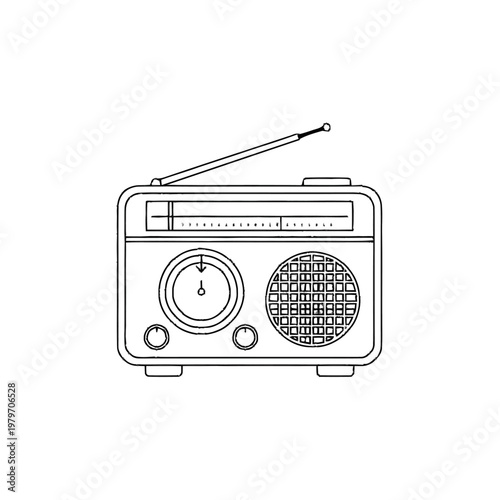 Line art illustration of a retro portable radio receiver with antenna, speaker, and tuning dial. Vintage broadcast device icon.