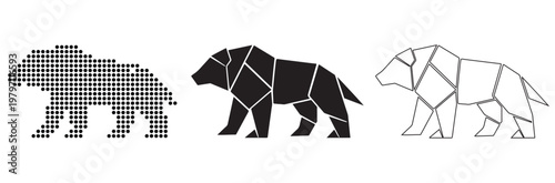 Bear Graphics: Pixelated, Solid Silhouette, Geometric Outline