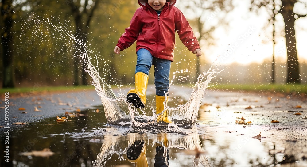 Fototapeta premium Child playing in puddle on road.