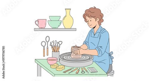 Woman working on pottery wheel studio.