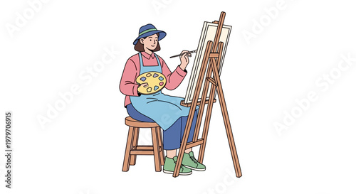 Woman sitting painting on easel.