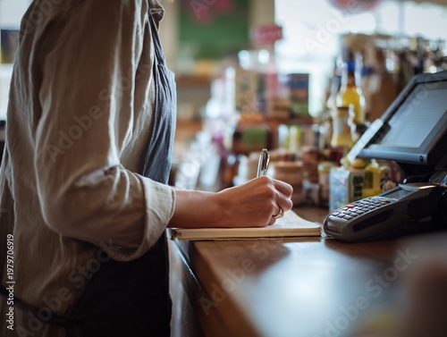 Low angle over shoulder view of shopkeeper standing counter writing register book camera positioned slightly below shoulder level small retail shop environment camera behind subject no face visible