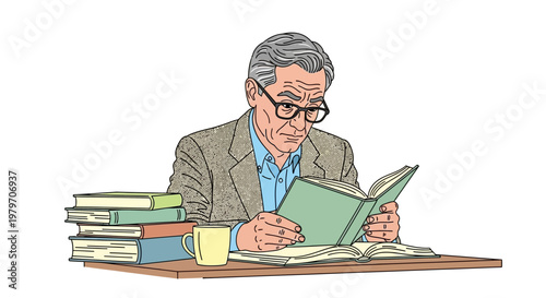 Older man reading a book.