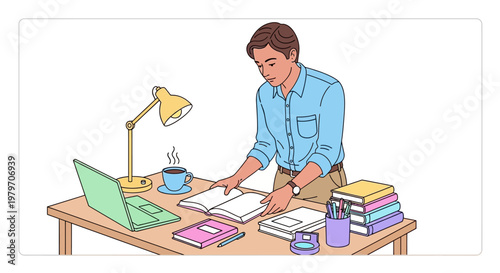 Man working on laptop and papers.