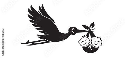 Twins. Flying stork brings a baby drawing. Stork holding a baby basket. Newborn baby girl or boy. cartoon bird. Stork flying in the sky. Stork carrying a baby silhouette. Kids concept. Welcome twins i