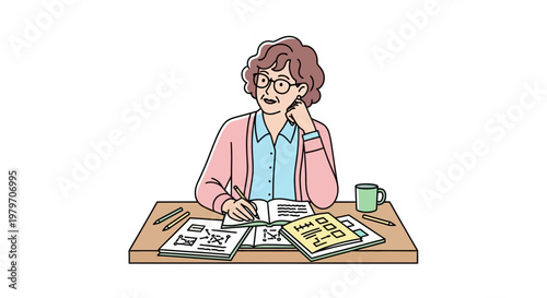 Woman sitting at desk with papers.