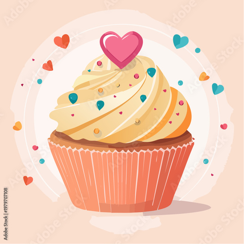 A colorful cupcake with heart decorations.