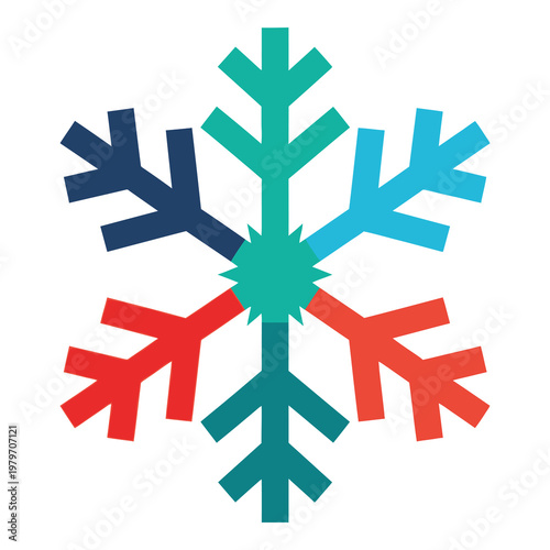Multicolored snowflake graphic with red blue green and orange shapes icon