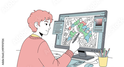 Woman working on computer with map.