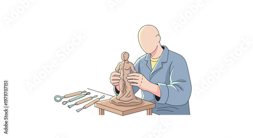 Man working on wooden sculpture figure.