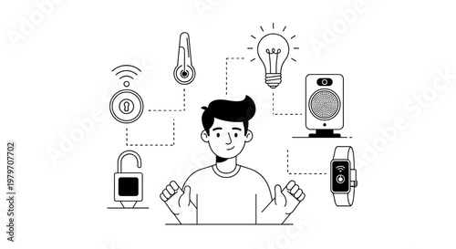 Friendly person interacting with smart home devices including a smart lock, thermometer, lightbulb, speaker, and smartwatch, representing connectivity and modern living through
