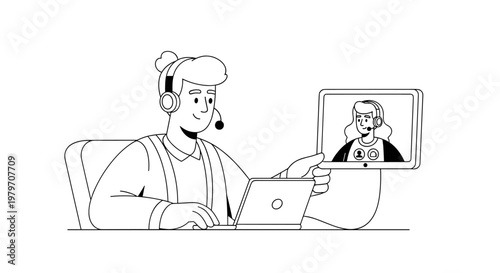 Friendly person wearing headset engages in video conference call on laptop, displaying another participant on screen, conveying communication and remote collaboration, clean line