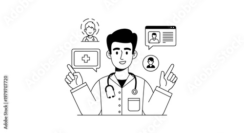 Friendly smiling doctor wearing stethoscope, pointing with fingers towards medical symbols and patient profiles, representing healthcare consultation and digital medical services