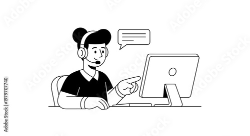 Friendly support agent wearing headset, pointing at computer screen, communicating via speech bubble, clean line art, professional business service, modern flat design, scalable