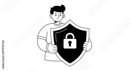Friendly young man holding a black shield with a white padlock symbol, representing protection, security, and data privacy in a clean, minimalist vector graphic style with bold