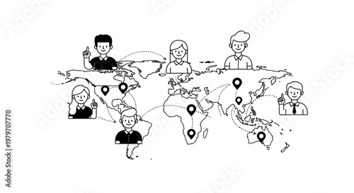 Global team collaboration network connecting diverse individuals across continents with location pins and dashed travel routes signifying international partnerships and remote