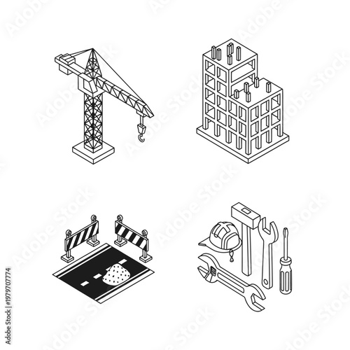 Isometric Construction Site Elements and Tools Outline Set.