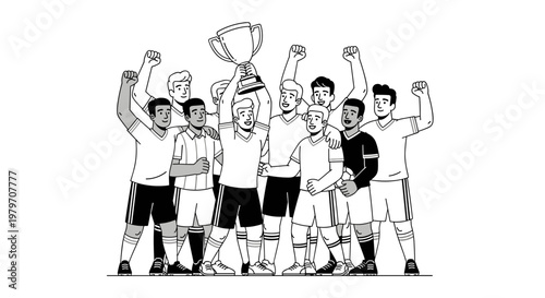 Joyful diverse soccer team celebrates victory holding championship trophy aloft, wearing monochrome uniforms with gray accents, showcasing clean line art technique, dynamic