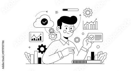 Man analyzing data charts and progress bars with cloud computing and gears, representing business analytics, strategic planning, and efficient workflow management in a clean,