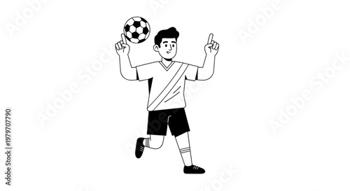Joyful young man with dark hair, wearing a sports jersey and shorts, skillfully balances a soccer ball on his finger while raising his other hand with excitement, captured in a