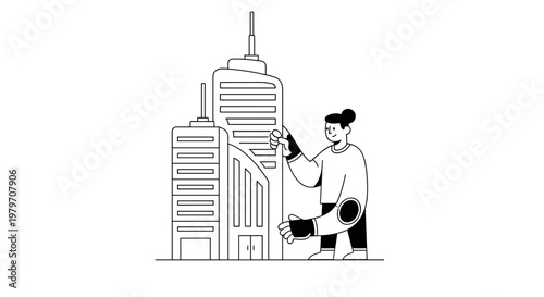 Minimalist character reaching towards modern skyscraper, clean line art, scalable geometric shapes, monochrome palette, representing real estate, urban planning, or technological