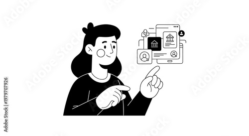 Modern minimalist character interacting with digital banking interface on a smartphone, showcasing user profiles and financial institution icons, clean lines, monochrome palette,