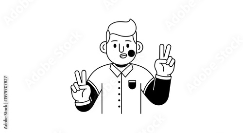 Modern minimalist character with stylish haircut and bold black and white clothing, confidently displaying two fingers in a peace sign gesture, symbolizing positivity, victory, or