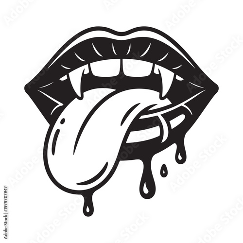 Black and white illustration of vampire lips with fangs and tongue out