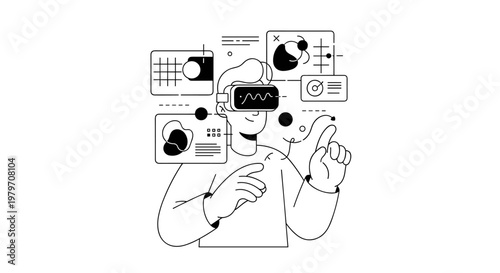 Person wearing virtual reality headset interacts with holographic screens displaying data visualizations, graphs, and abstract shapes, showcasing immersive technology and digital