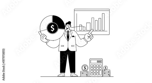 Professional businessman presenting financial data with a pie chart featuring a dollar sign and a bar graph displaying increasing revenue, supported by a calculator and stacked
