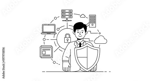 Professional cybersecurity expert with shield protecting digital assets including laptop, servers, cloud storage, and network connections, emphasizing data safety and secure