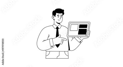 Professional man in formal attire points at a tablet screen displaying a layout with black and white blocks, showcasing modern digital presentation and data analysis capabilities