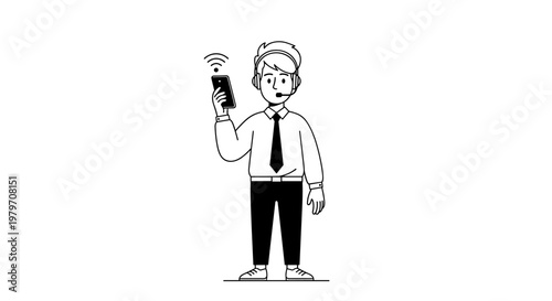 Professional man wearing headset and holding smartphone displaying wifi signal, clean line art style, perfect for communication, technology, customer service, and remote work
