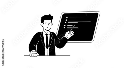 Professional man in suit pointing with pointer stick at simple list on black board, presenting information clearly, showcasing data, professional communication, business meeting