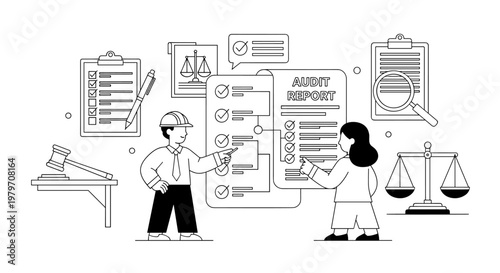 Professional people collaborate on audit report, reviewing financial documents, checking compliance with legal scales and gavel, magnifying glass examining data, creating clear,