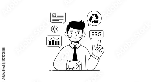 Professional person in suit gesturing with pointing finger, surrounded by speech bubbles containing esg acronym, recycling symbol, checklist, and bar graph showing upward trend,