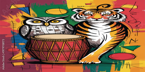 Funny cartoon tiger playing a drum in colorful graffiti style illustration on a wall