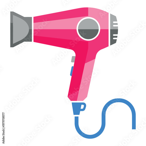 Pink hair dryer with blue cord and gray accents isolated on white background icon