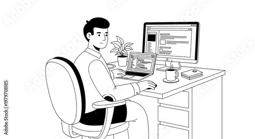 Professional person working diligently at a clean desk with multiple screens, laptop, steaming coffee cup, and potted plant, conveying productivity and focus in a modern workspace.