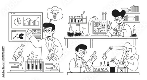 Scientists collaborating in a modern laboratory, analyzing data graphs on screens, conducting experiments with microscopes, test tubes, beakers, and robotic arms, representing