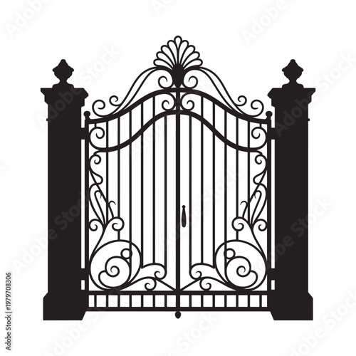 Ornate black iron gate with decorative scrollwork and pillars